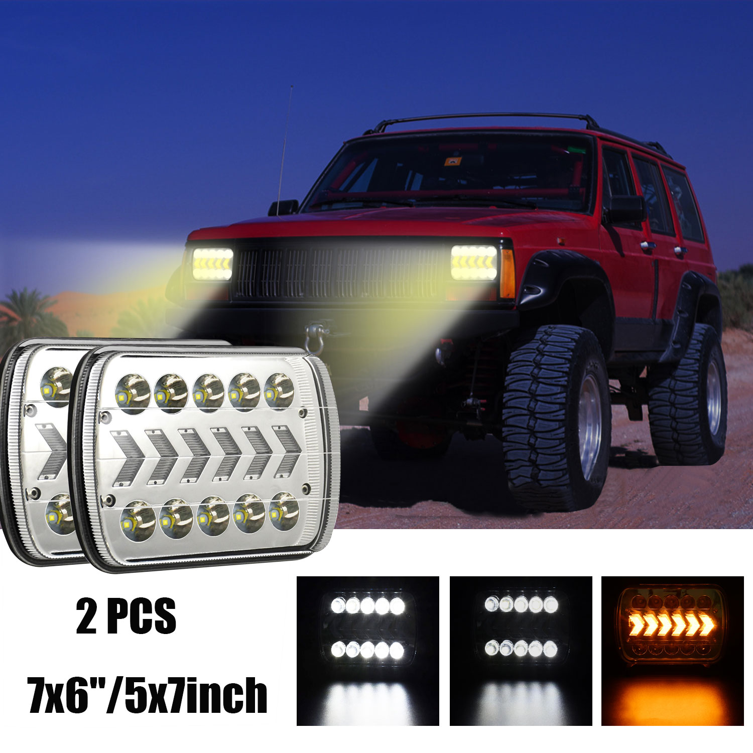 1 Pair Aluminum 7-Inch 7×6 5×7 Truck Square Lights With Dynamic Sequential Turn Signal With H4 To 3 Pin Line