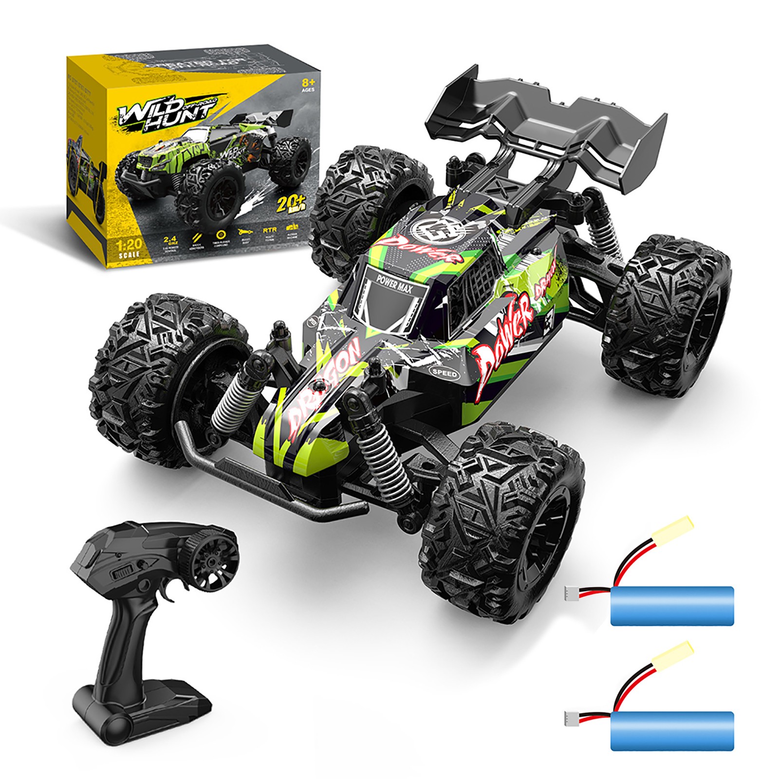 1:20 RC Car 4WD 20km/h High Speed Racing Drift Car Remote Control Off-road Vehicle Toys S757 Green 1 Battery
