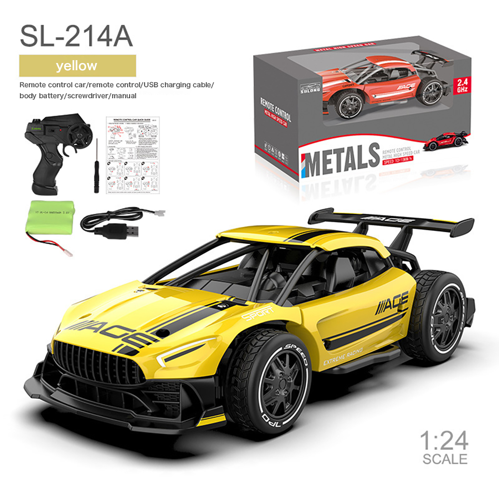 1:24 RC Racing Car 4CH 2WD High Speed 15km/h Alloy Remote Control Car For Boys Girls Birthday Christmas Gifts 214A Yellow(1:24) 1:24