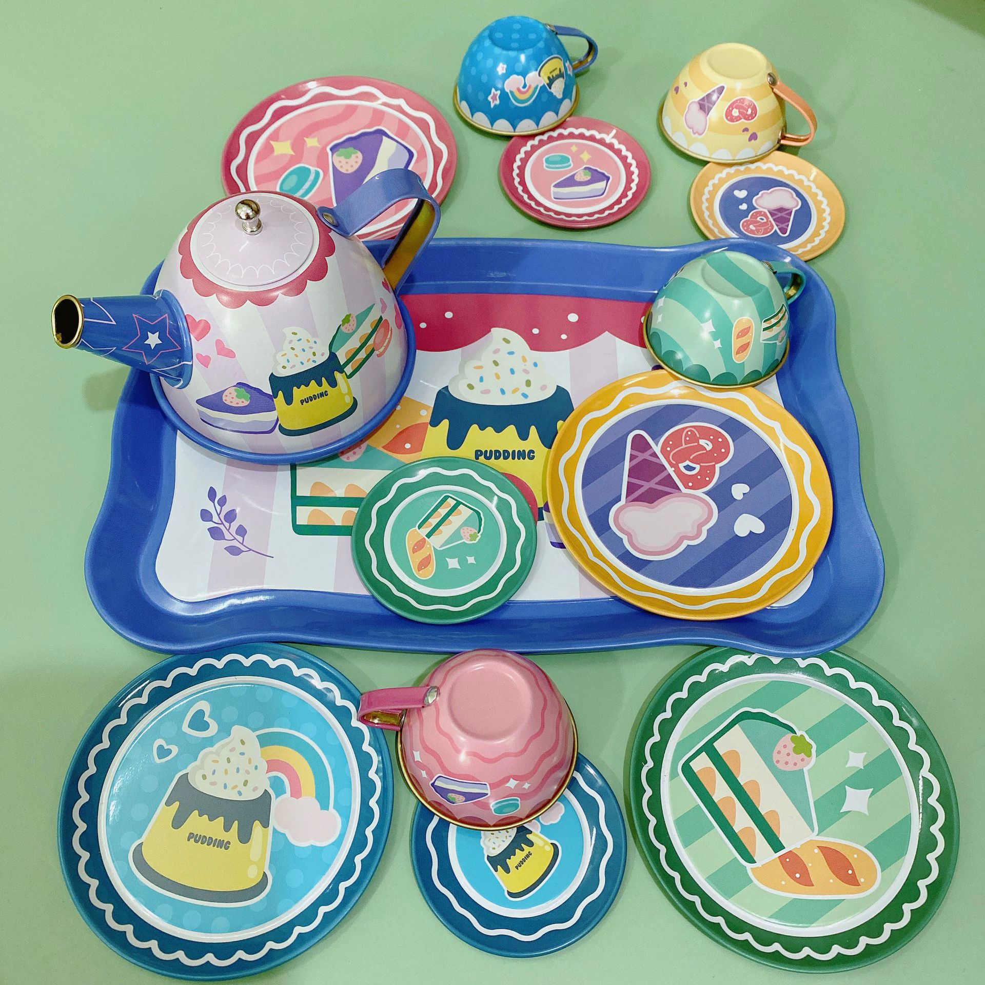 14pcs Tea Party Set For Little Girls Kitchen Utensils Tableware Metal Princess Tea Party Set Pretend Play Toys For Kids Gifts
