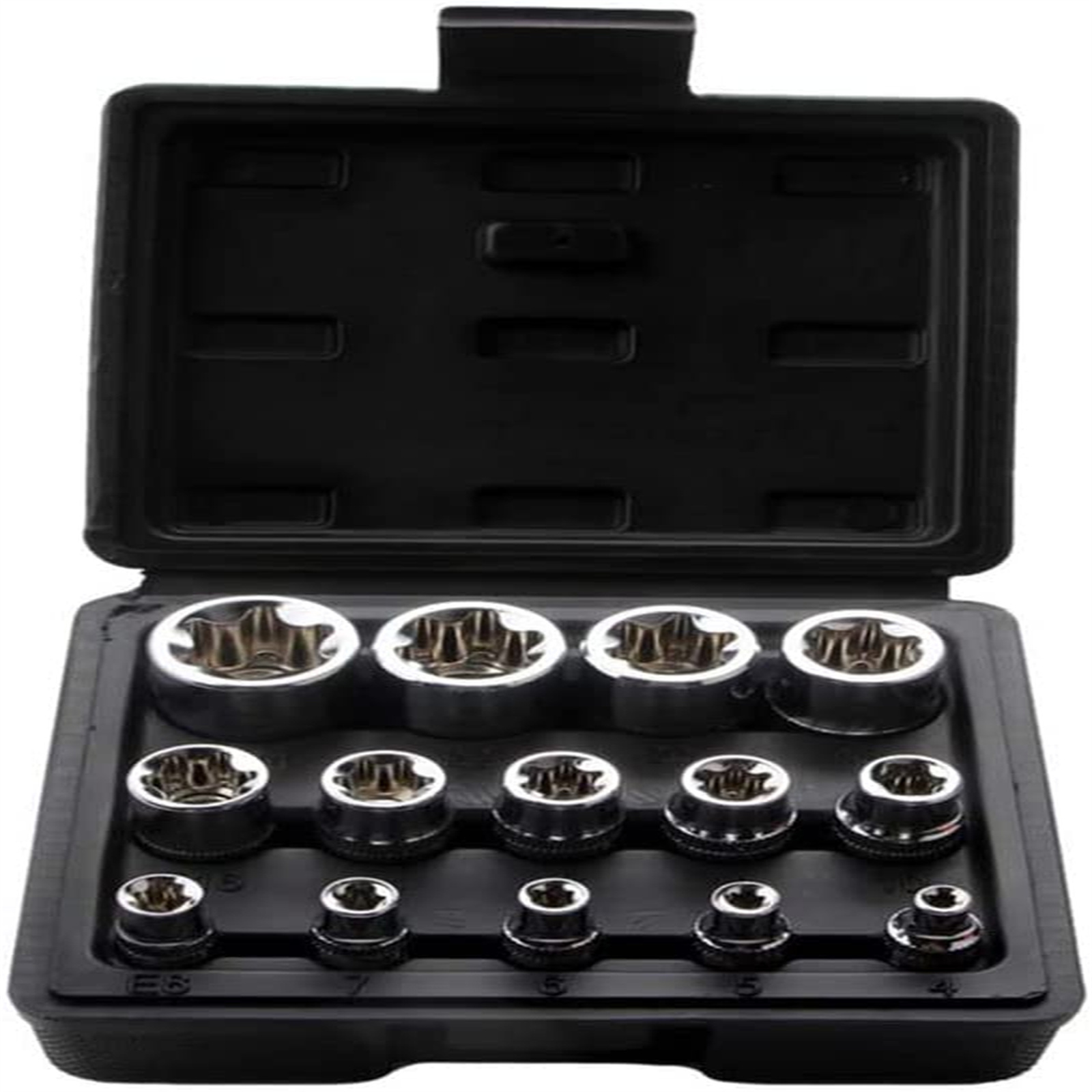 14-piece E-TORX Socket Set 1/4" 3/8" 1/2” Drive E-4 – E24 Female External Torque Star Socket Kit With Storage Case