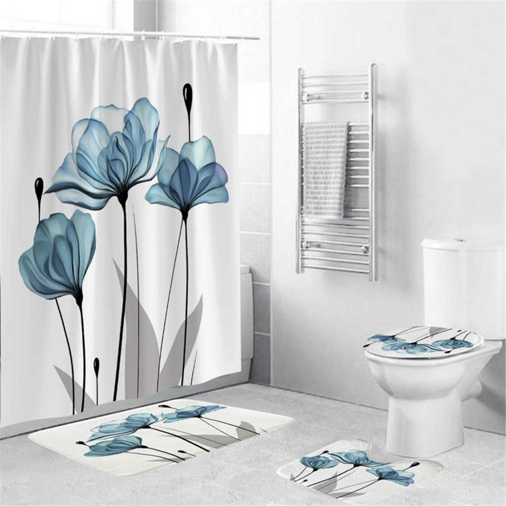 4Pcs/Set Shower Curtain 180*180cm Non-Slip Rug Toilet Lid Cover Bath Mat for Bathroom