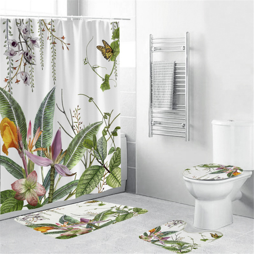 4Pcs/Set Shower Curtain 180*180cm Non-Slip Rug Toilet Lid Cover Bath Mat for Bathroom