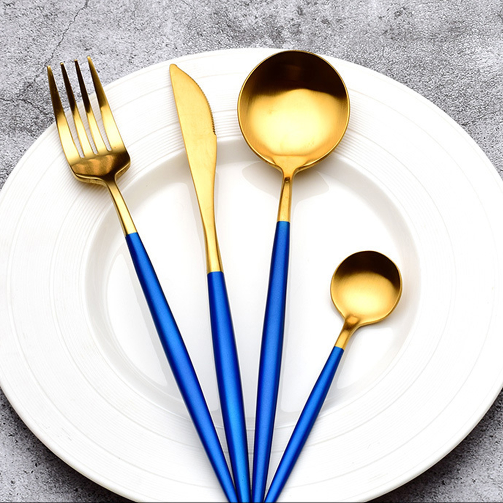 4pcs Cutlery Set Non-slip Smooth Edge Comfortable Grip 304 Stainless Steel Knife Fork Set Ideal For Home Restaurant [Blue+Gold]