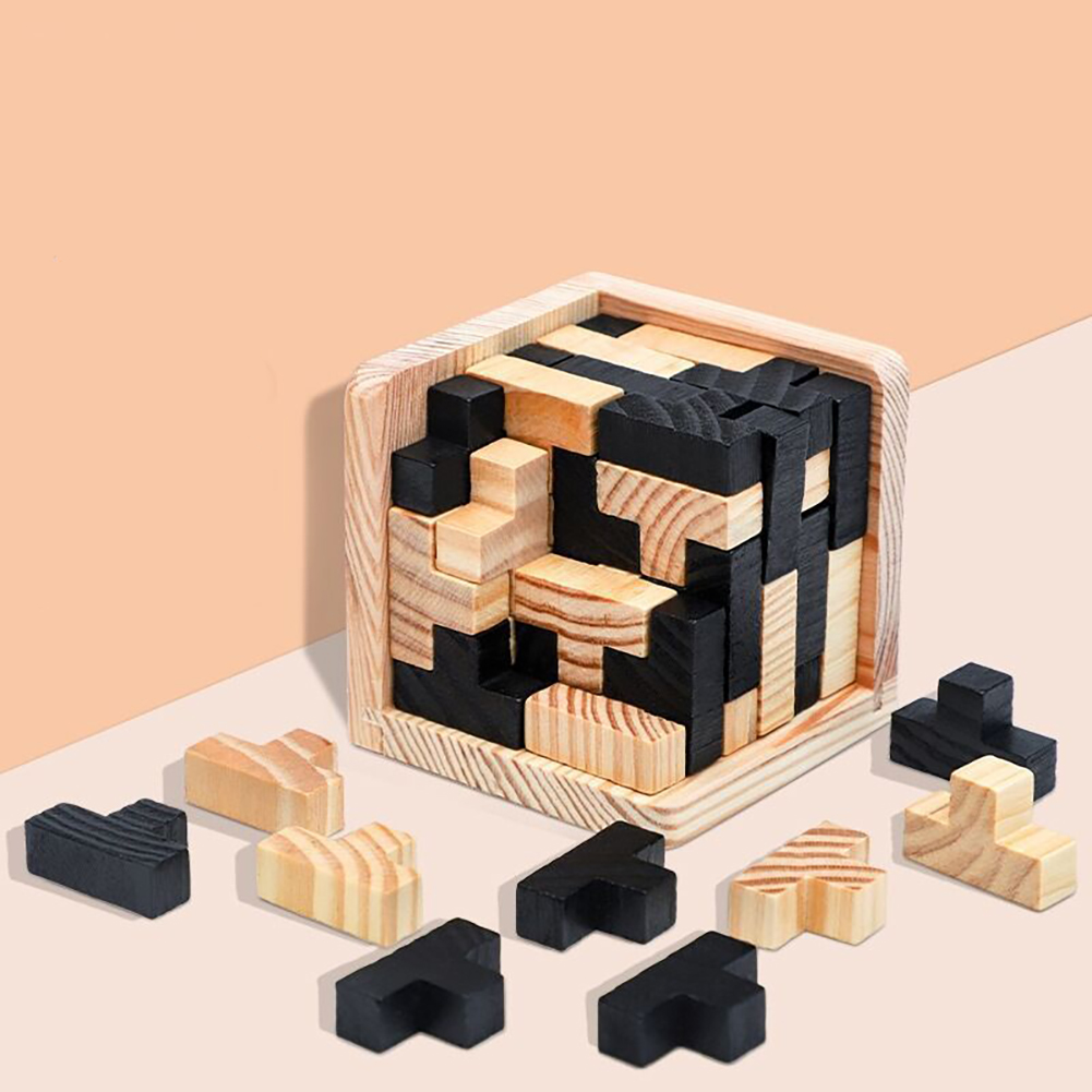54T Creative 3D Wooden Cube Puzzle Luban Lock Tetris Educational Toys for Kids Brain Teaser Toy