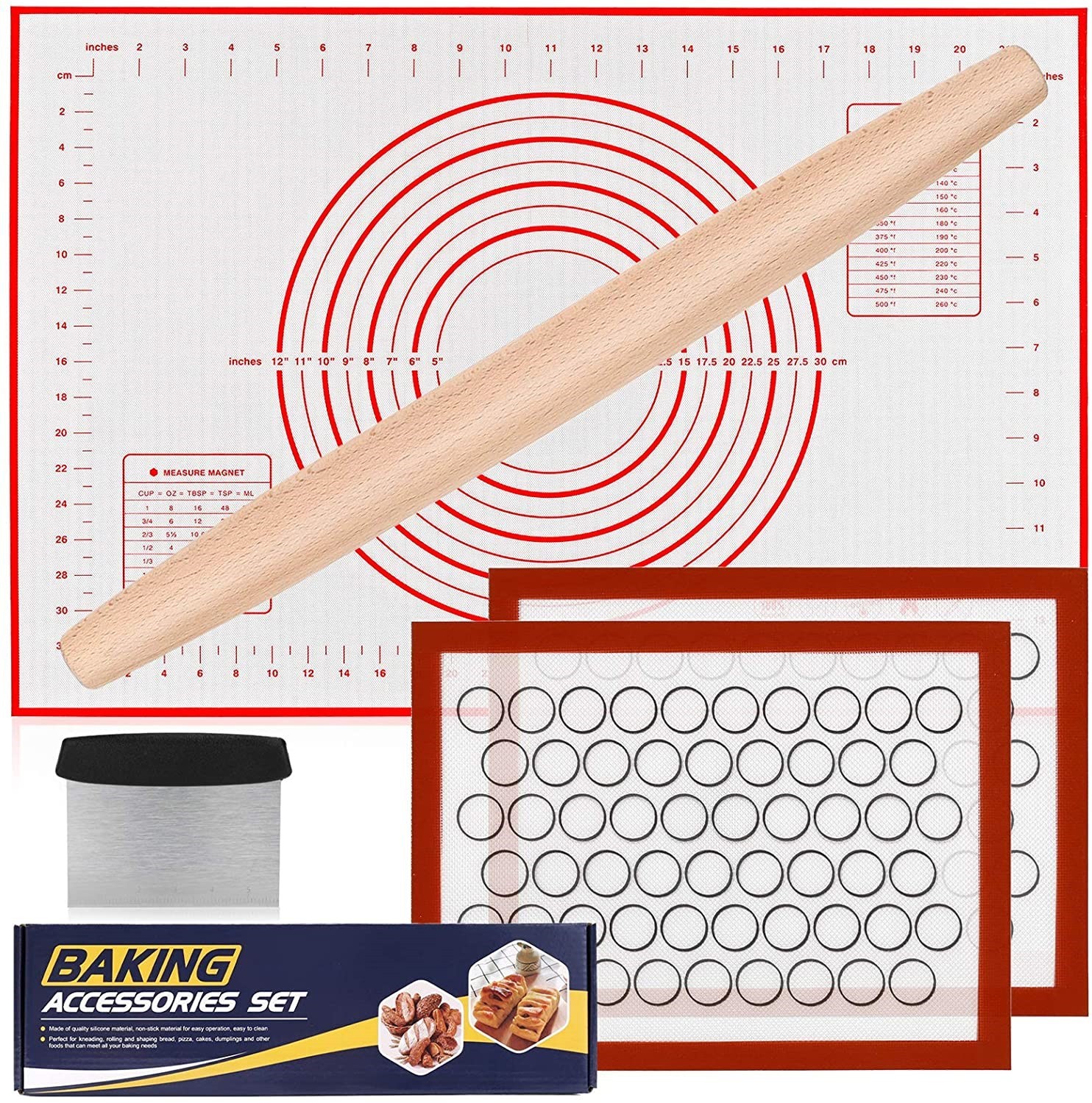 5pcs/set Silicone Baking  Tool  Set Baking Mat Rolling Pin Rolling Pad Heat-resistant Baking Mat