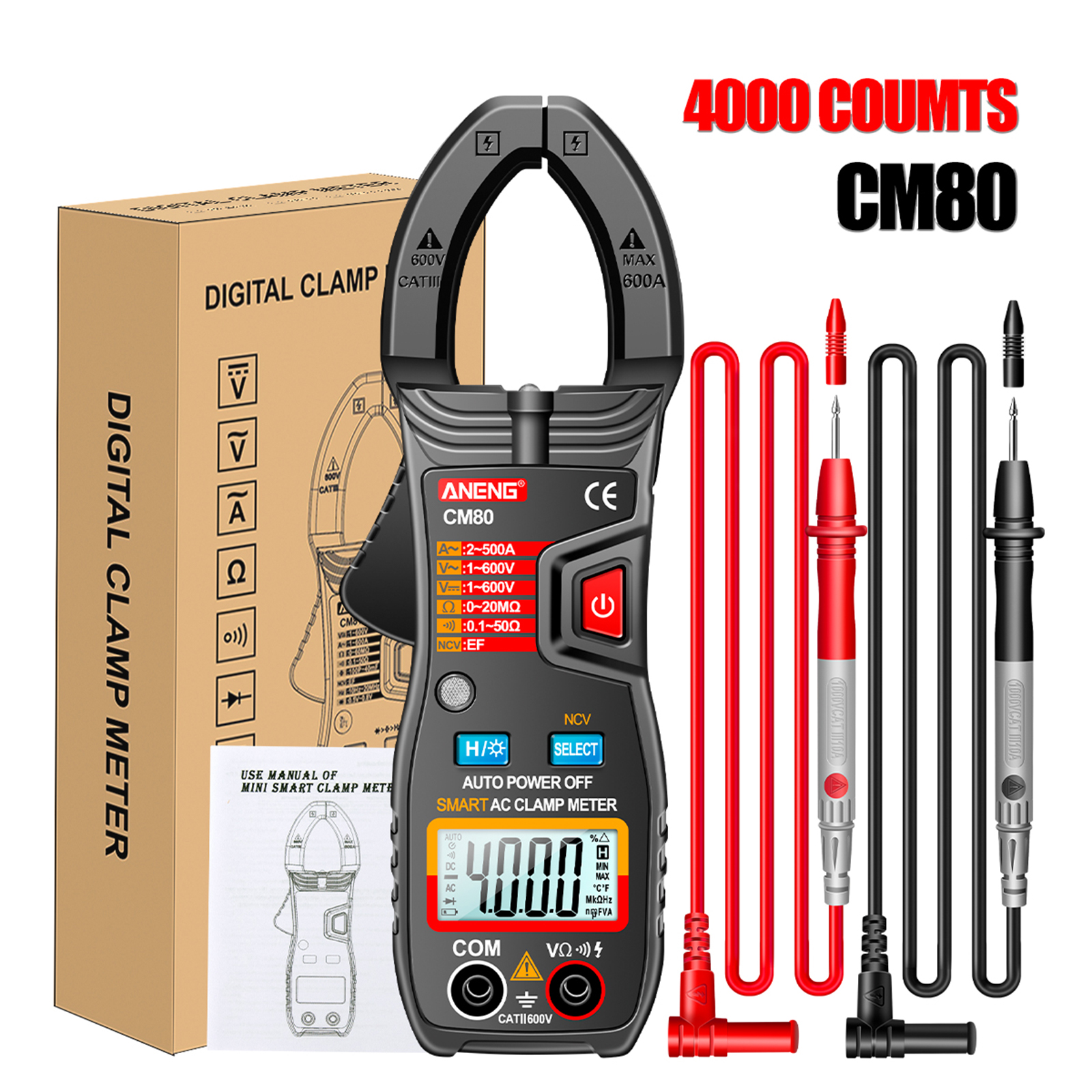 ANENG CM80 Digital Clamp Meter 4000 Counts AC/DC Voltage AC Current NCV Black