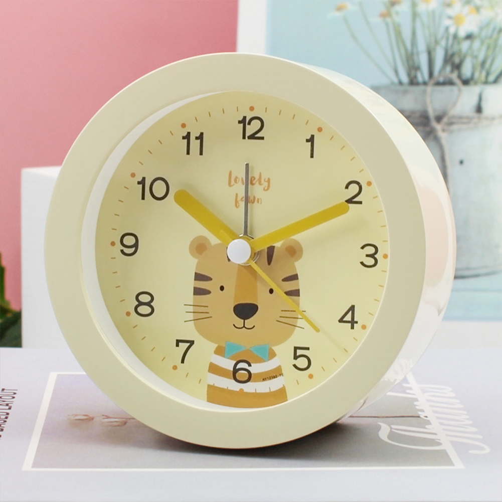 Children Cute Cartoon Animal Round Alarm Clock Portable Bedside Ultra-quiet Sweeping Soft Warm-light Night Lamp Small Table Clock