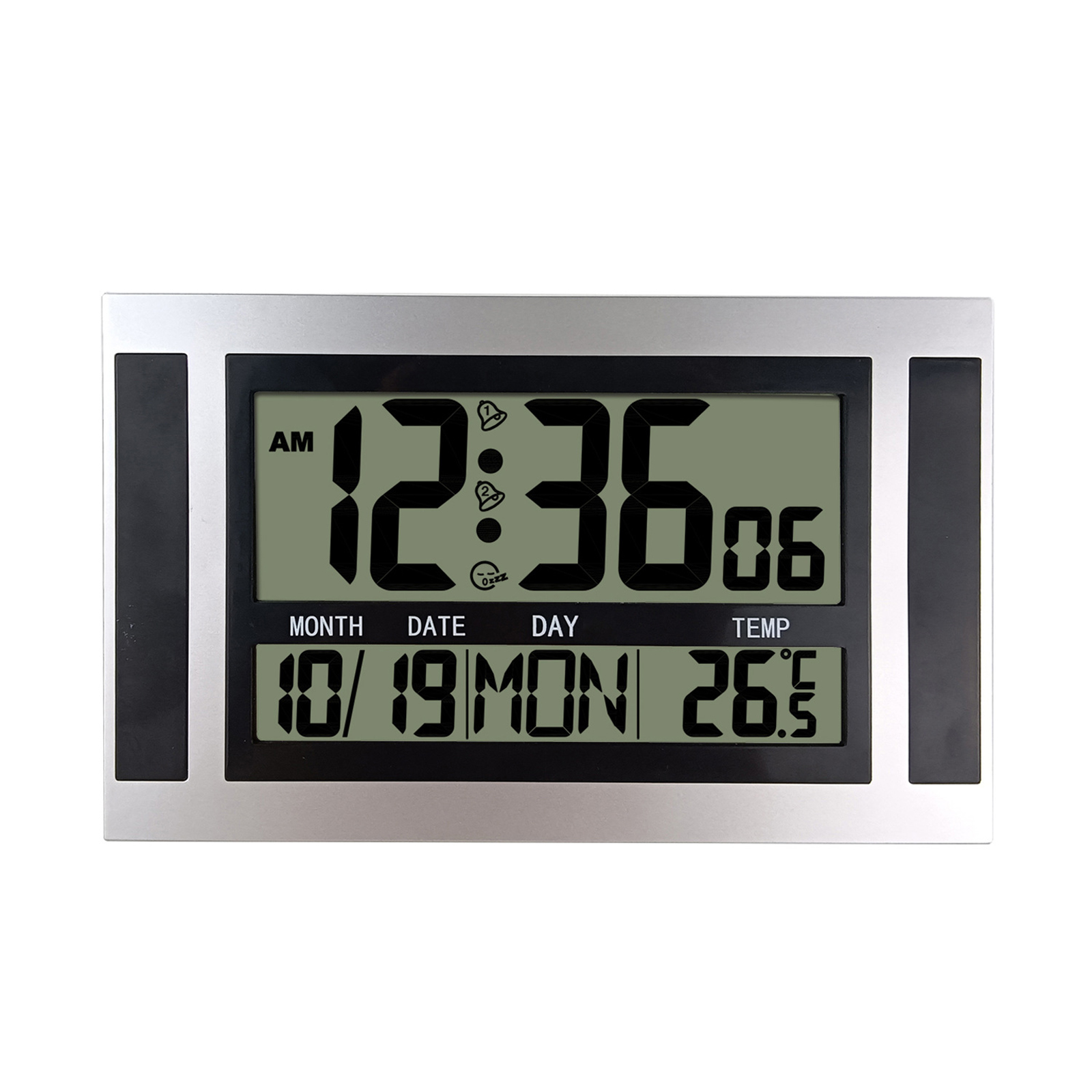 Digital Alarm Clock Battery Powered LCD High Definition Screen Wall/Desk Clock With Indoor Temperature Calendar Light grain/silver