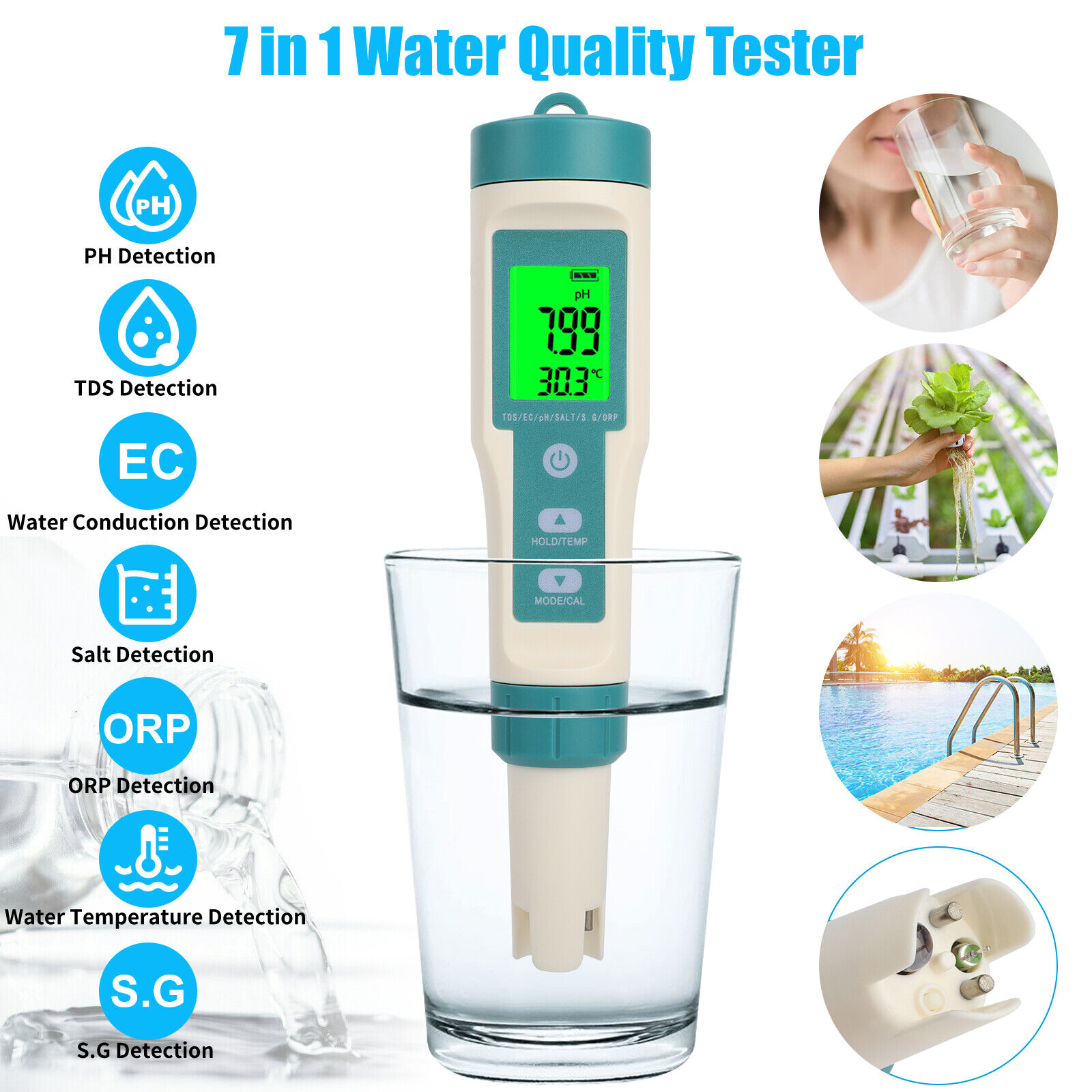 Digital PH Tester 7 In 1 TDS/EC/ORP/Temp/PH Meter Test Water Quality Monitor PH Tester For Household Drinking Hydroponics