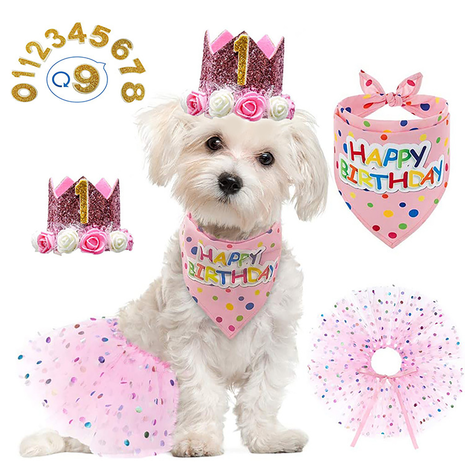 Dog Birthday 1st Party Supplies Scarf Tutu Skirt Crown Hat With 0-8 Numbers Pet Supplies For Puppy Birthday Outfit