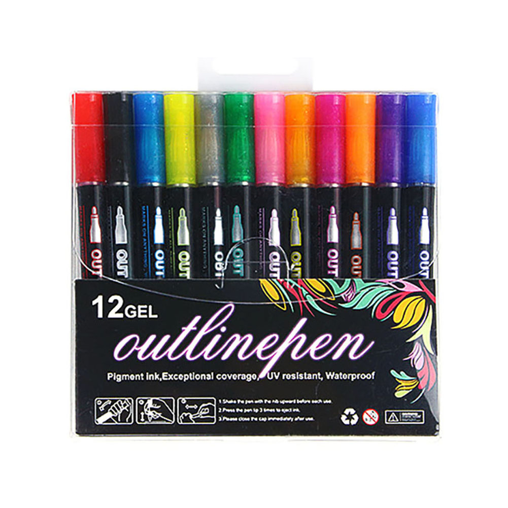 Double Line Metallic Markers 12color/24 Color Outline Marker Pens For Writing Drawing Gift Cards Greeting Cards