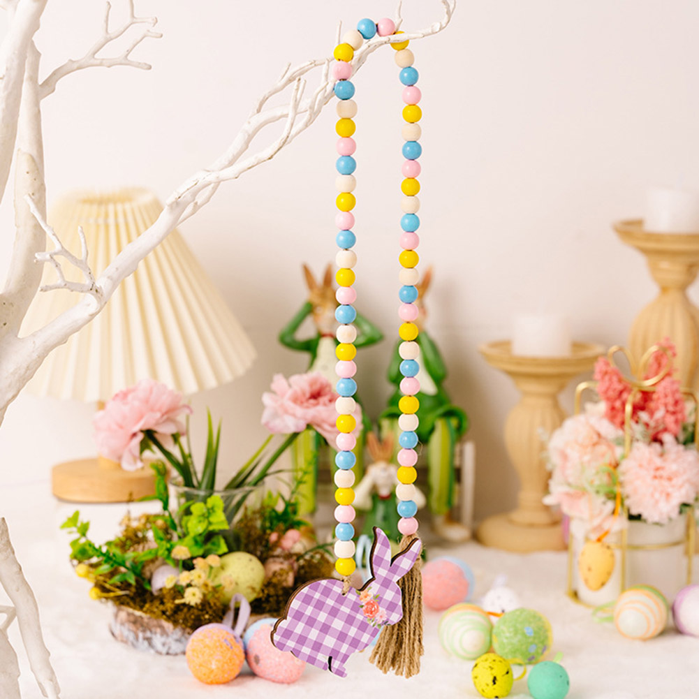 Easter Colorful Wooden Beads Hanging Garland With Plaid Print Rabbit Pendant For Easter Holiday Party