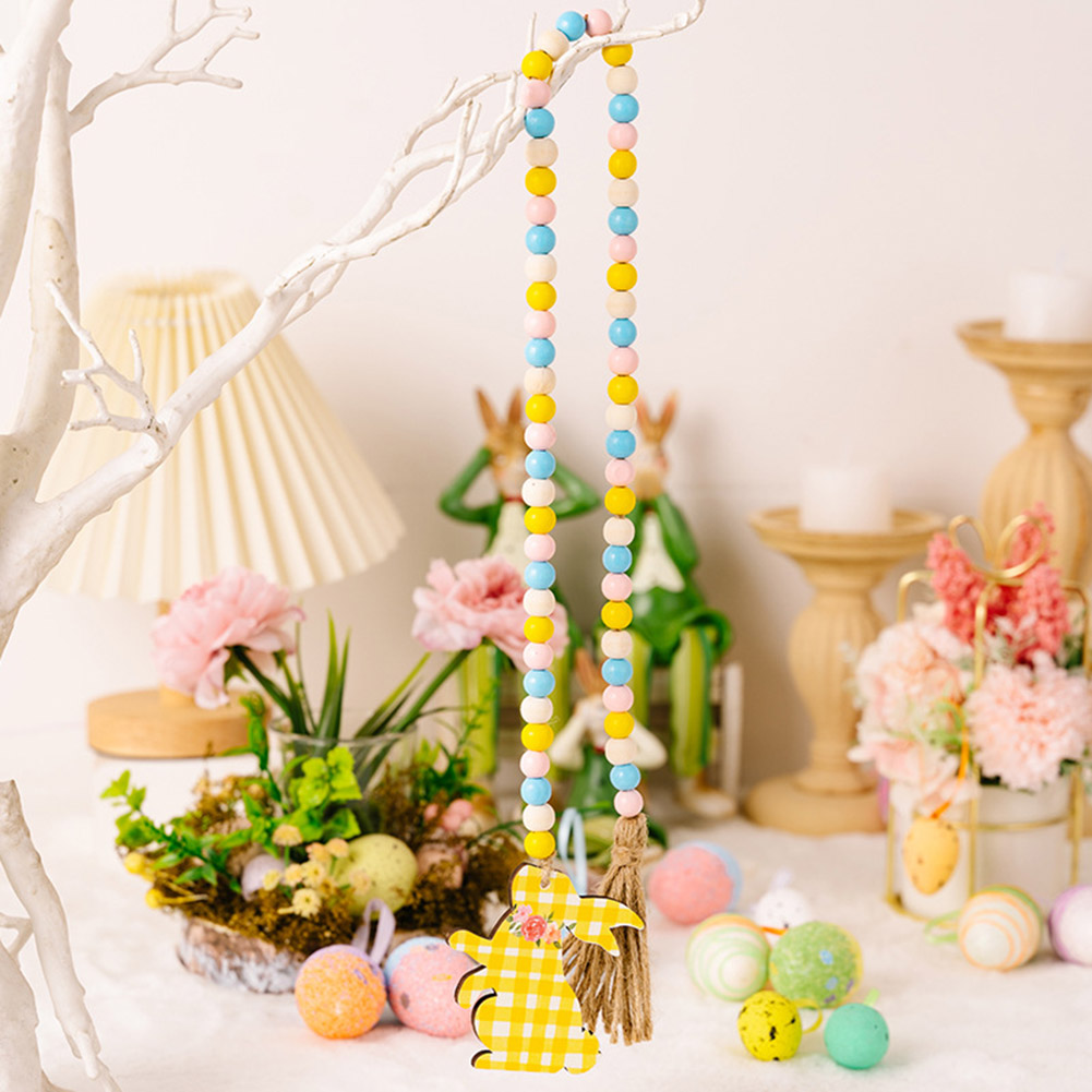 Easter Colorful Wooden Beads Hanging Garland With Plaid Print Rabbit Pendant For Easter Holiday Party