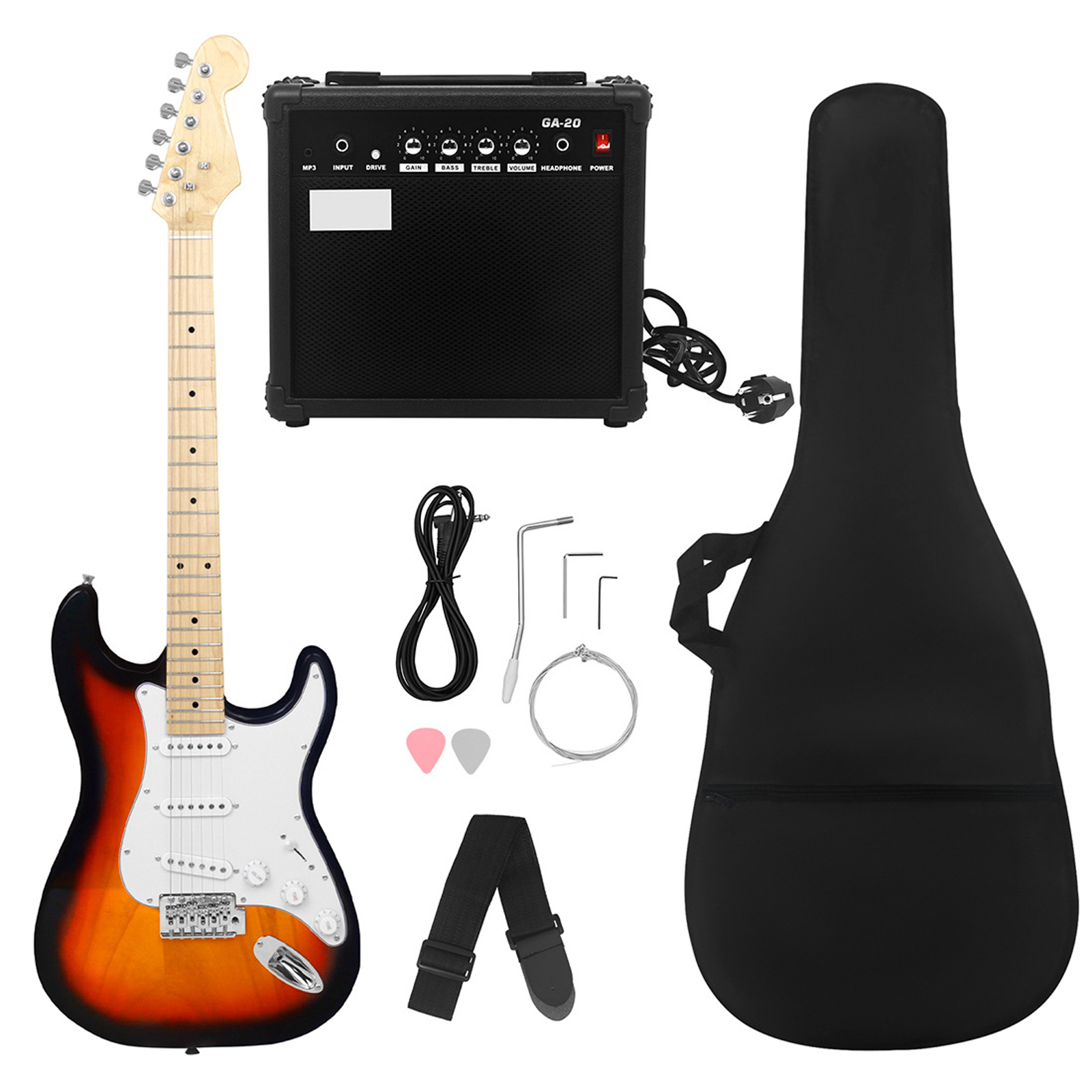 Electric Guitar Beginner Kit Full Size Maple Fingerboard Electric Guitar Accessories With Audio Picks Strap Guitar Bag Strings Cable Rocker Wrench Sunset Black Edge Set