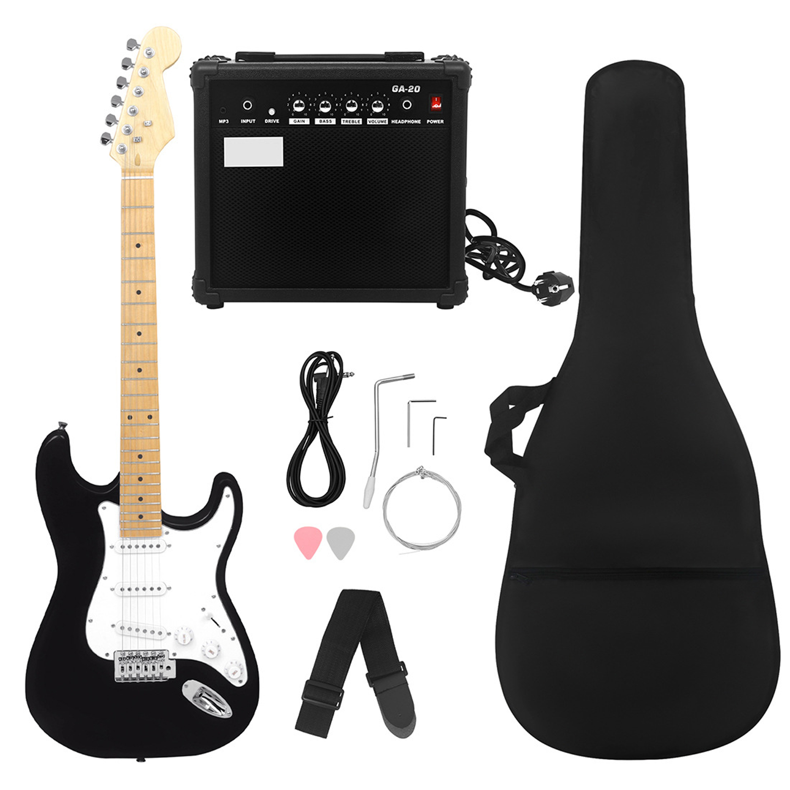 Electric Guitar Beginner Kit Full Size Maple Fingerboard Electric Guitar Accessories With Audio Picks Strap Guitar Bag Strings Cable Rocker Wrench Sunset Black Edge Set