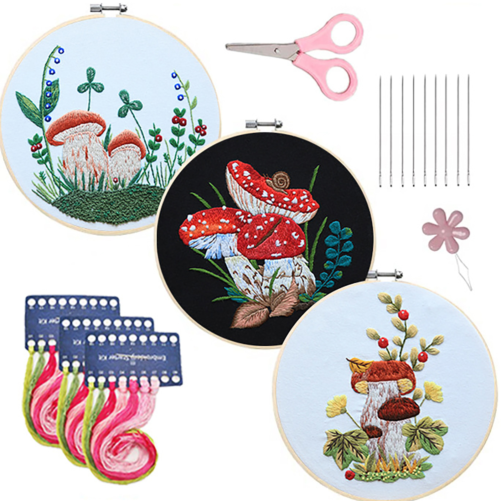 Embroidery Starter Kit With Embroidery Hoops Scissors Needle Threader Colorful Mushrooms Pattern Cross Stitch Starter Kits