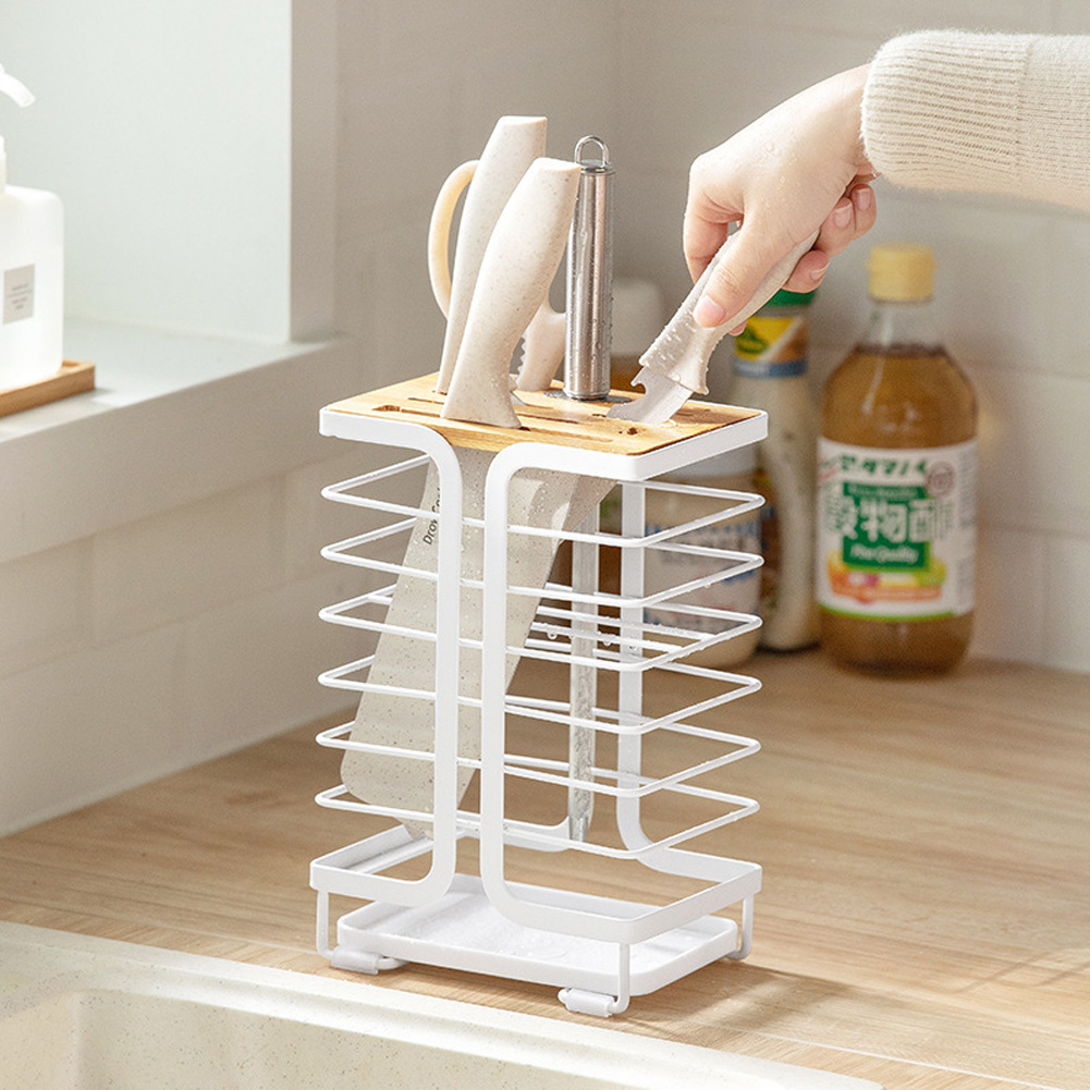 Kitchen Drain Knife Holder With Tray Multifunctional Storage Knife Rack Organizer For Kitchen Counter
