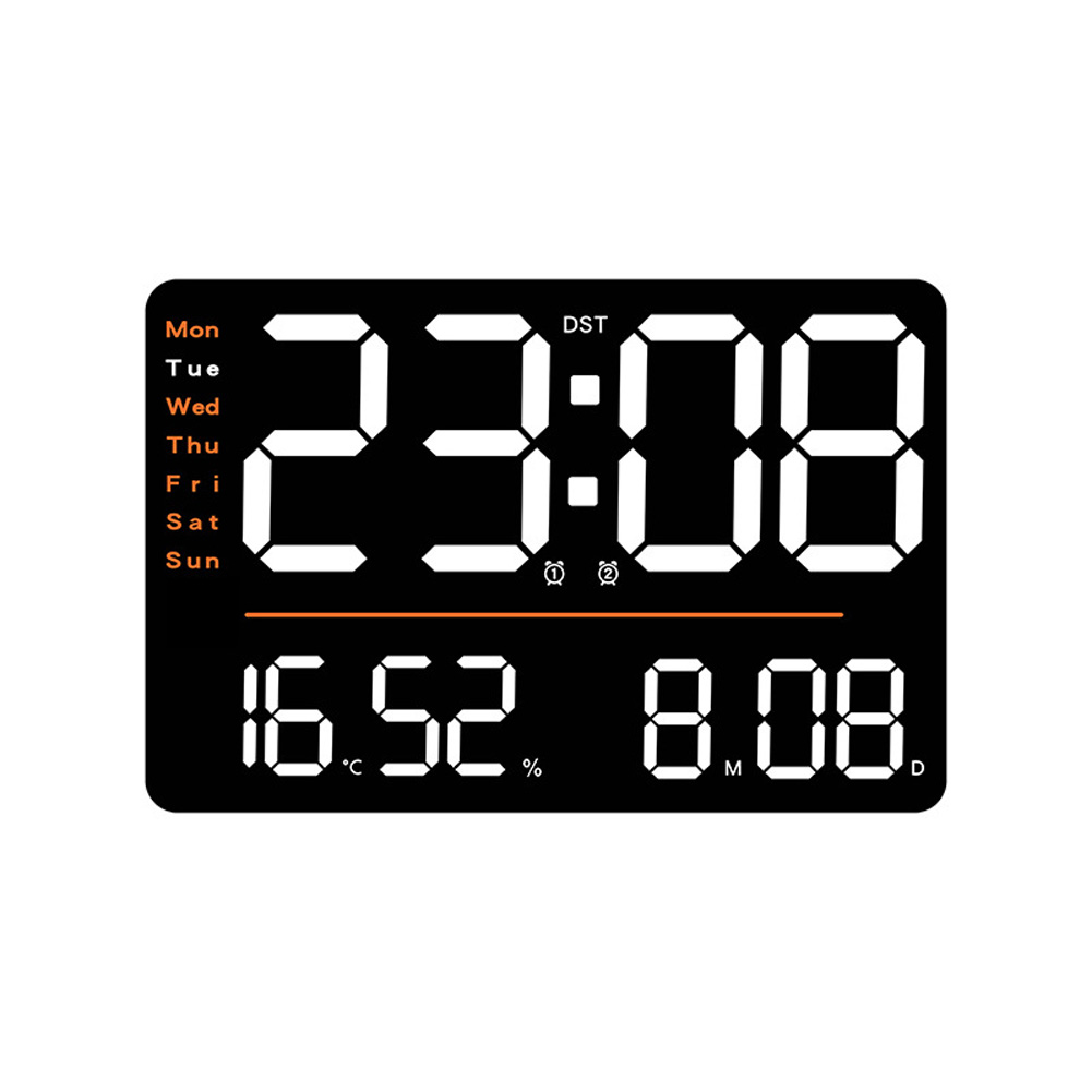 LED Digital Wall Clock 12/24h Adjustable Brightness Temperature Humidity Display Table Alarm Clock