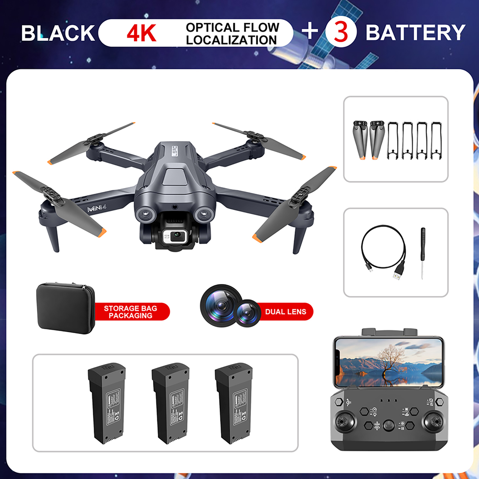 Mini 4 RC Drone with Cam 4k HD Foldable Mini Drone Wifi Optical Flow Positioning Obstacles Advoidance