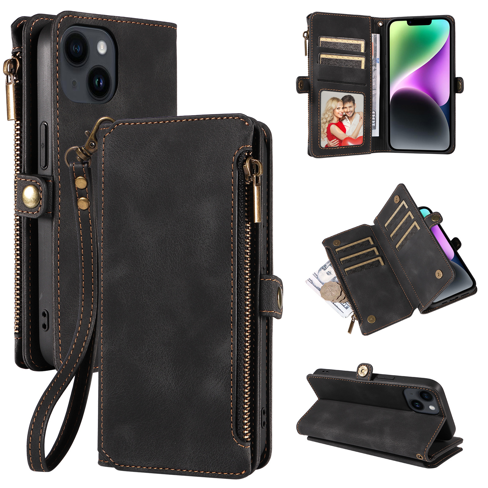 Phone Case With Card Holder Magnetic Closure Zipper Pouch PU Leather Stand Shockproof Case Compatible For IPhone 15 black iPhone 15 plus