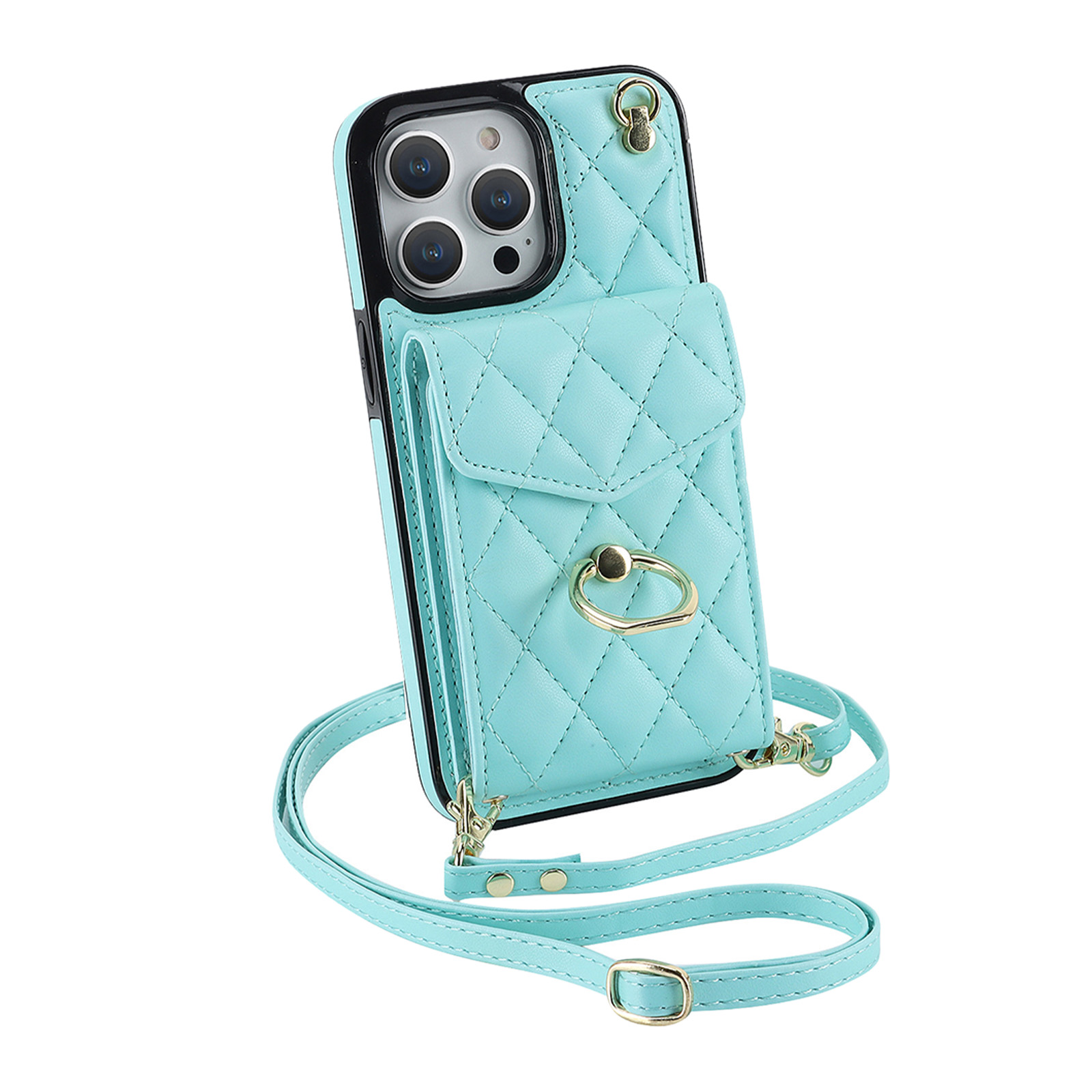 Phone Case With Adjustable Ring Holder Lanyard Wallet Bag Phone Case Protective Shockproof Leather Case For IPhone 15 Mint Green iPhone15Pro