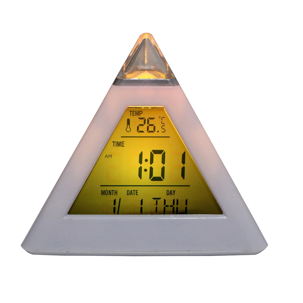 Pyramid Shape Digital Led Alarm Clock Time Date Temperature Display 7 Colors Changing Desk Clock