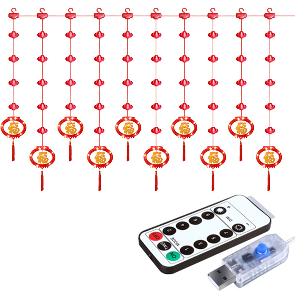 Red Lantern LED Lights With 8 Modes Chinese Characters Garland Curtain Lunar New Year Decoration Spring Festival Decoration