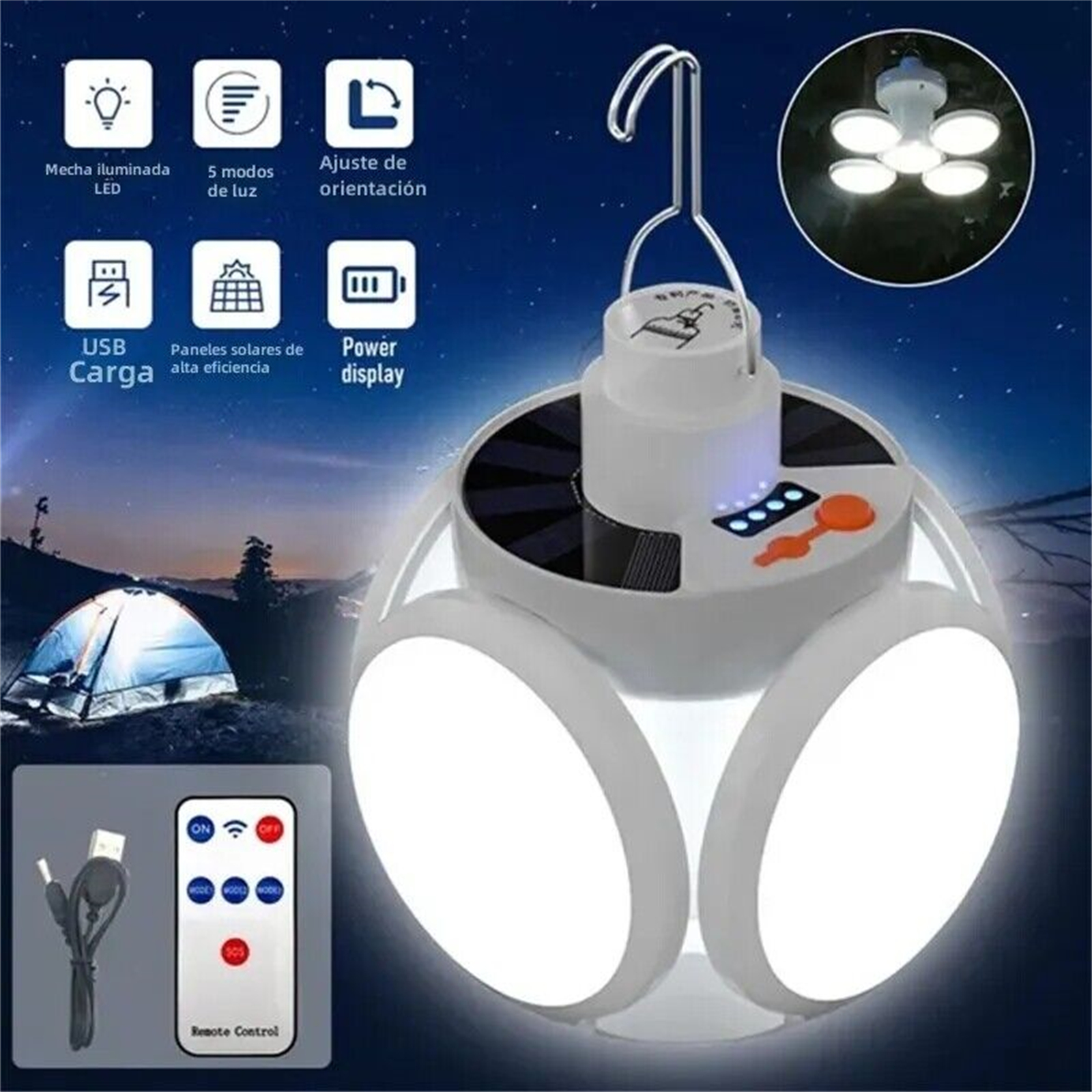 Solar Camping Lantern Collapsible Portable Tent Lamp With Hanging Hook LED Football Bulbs Waterproof For Emergency Outages