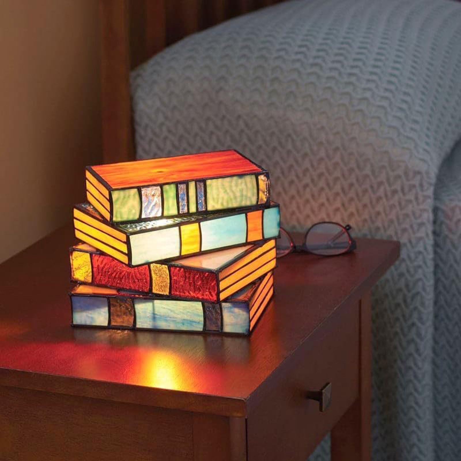 Stained Glass Stacked Books Lamps Handcrafted Glass Nightstand Desk Book Lamps Resin Handicraft Table Lamp