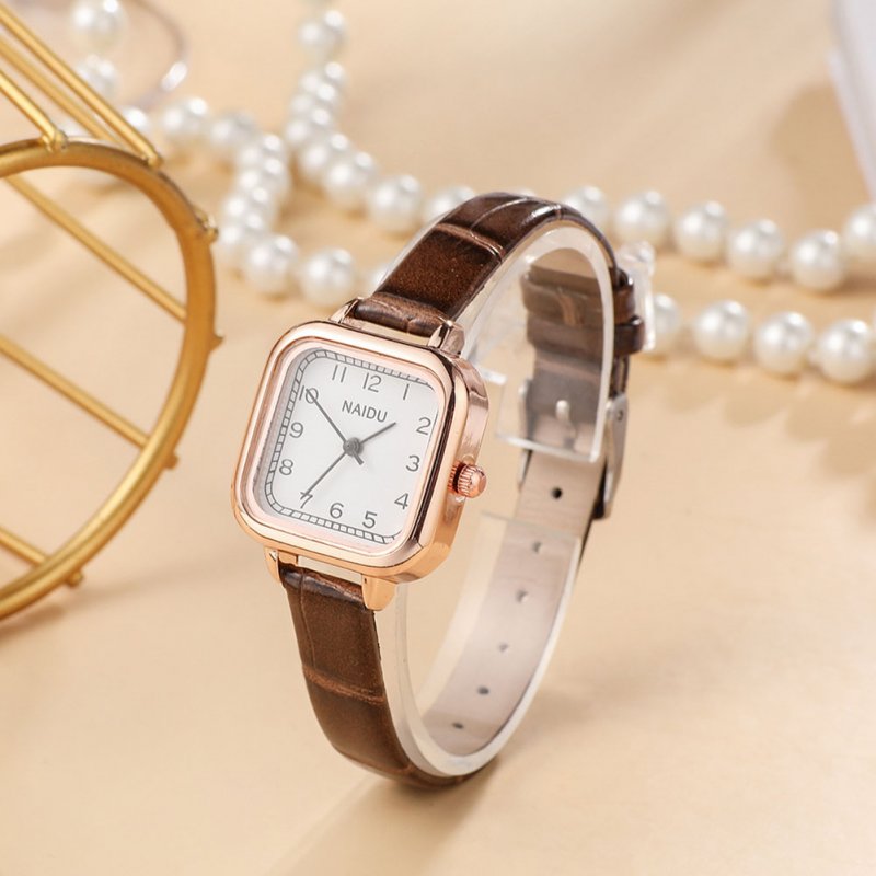Vintage Small Square Dial Watch with Leather Band for Women Fashion Simple Quartz Watch