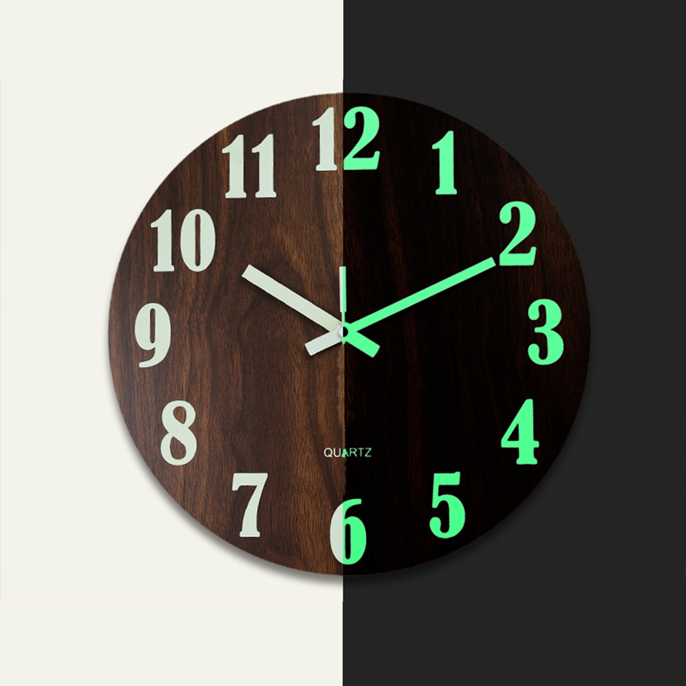 Wooden 12-inch Round Luminous  Wall  Clock Silent Simple Style For Kitchen Bedroom Living Room Study Home Decoration [No Batteries]