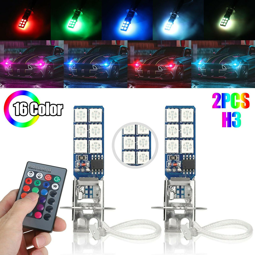 1 Pair Car Led Lights H1 H3 880 881 5050 12smd Rgb Colorful Driving Fog Lamp Headlights With Remote Control