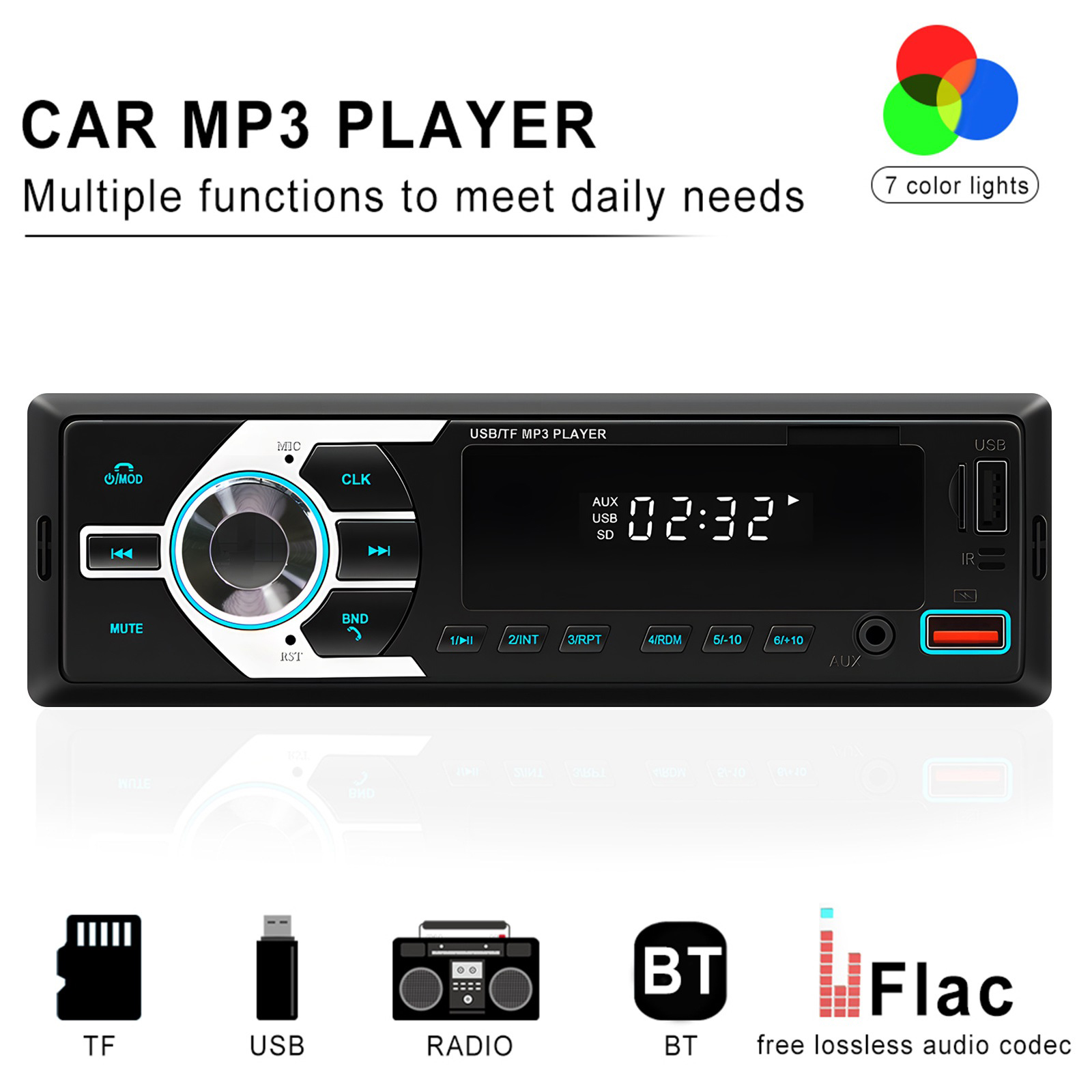 12V Auto Radio Car Stereo MP3 Player Supports Hands Free Calling FM Radio AUX Input TF/EQ/Dual USB Charging