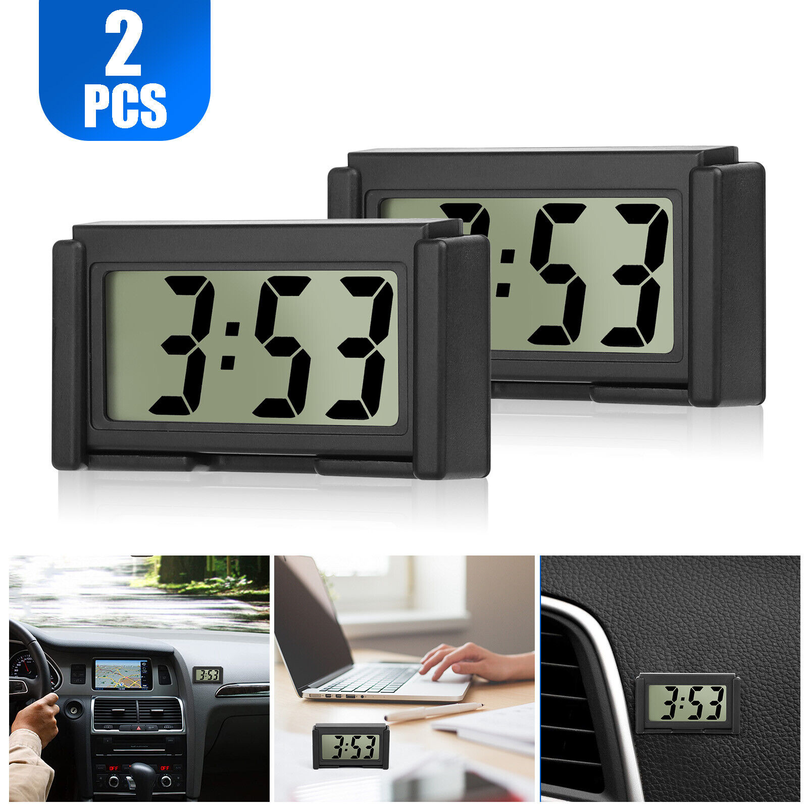 2pcs Car Dashboard Digital Clock Large Screen Digital Display Electronic Watch Clock With Adhesive Support