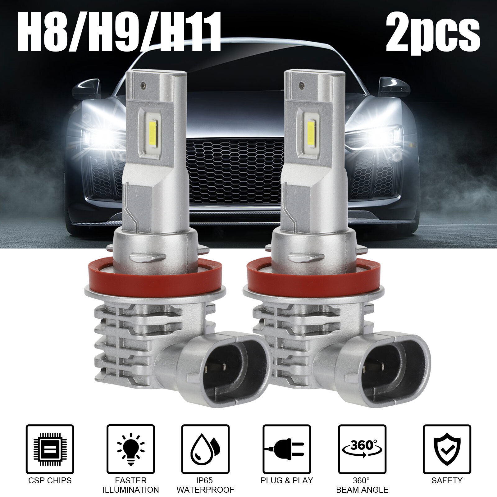 2pcs Car Led Headlight Kit H11 H9 H8 Super Bright Fog Lamp Daytime Running Light Bulbs 6000k White Waterproof