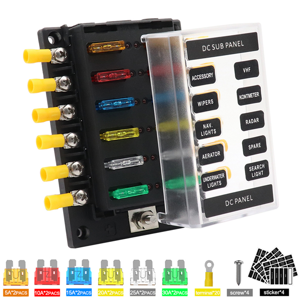 41pcs Pc+pbt 12-way Fuse  Holder With Short Circuit Indicator Light + 12 Fuses + 20 Yellow Cold-pressed Ring Terminal Sets