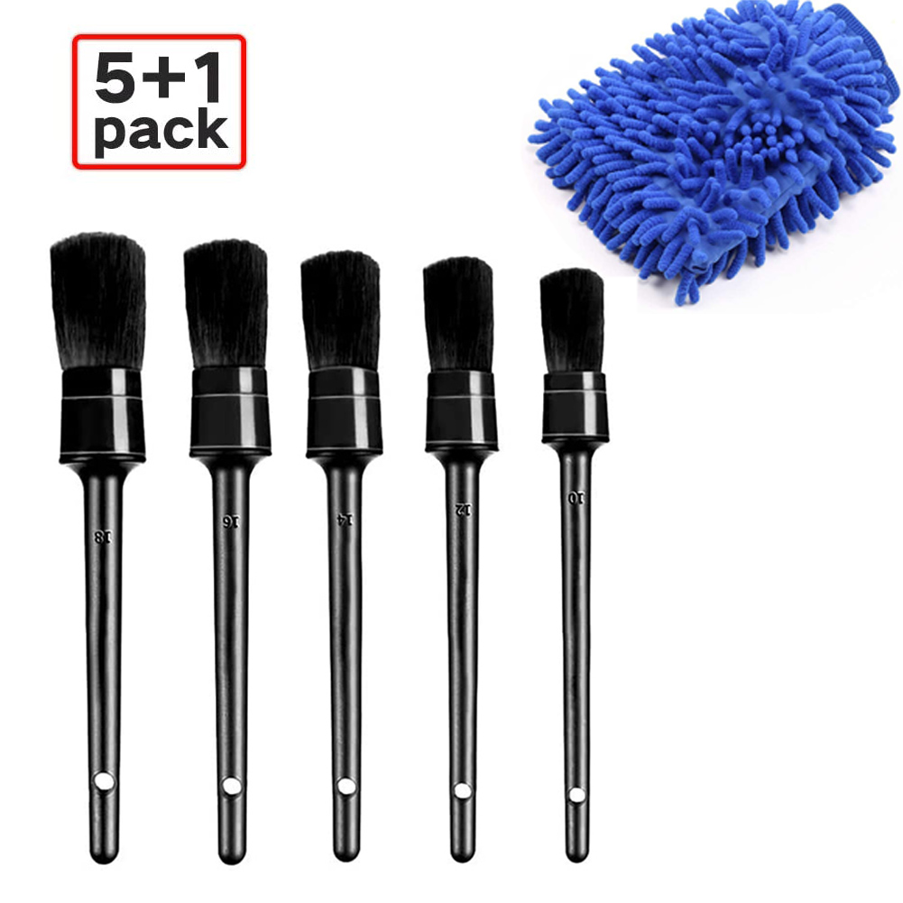 6pcs Detailing Brush Set 5 Different Sizes Auto Detail Brush Kit with Free Car Wash Mitt Natural Boar Hair Brushes