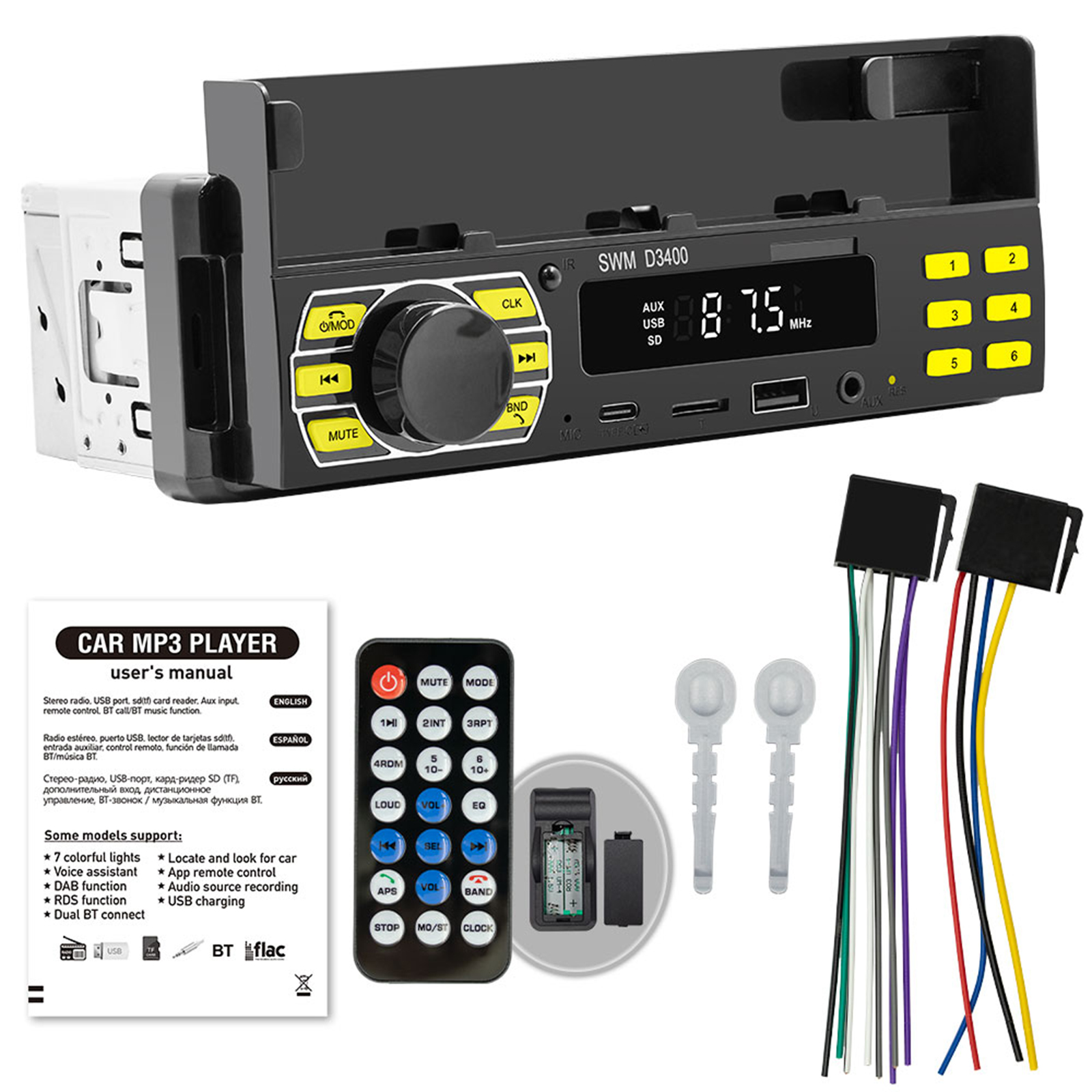 D3400 Car Stereo Multimedia MP3 Player AUX Hands-Free Calling Car Kit Wireless Remote Audio System Cell Phone Holder