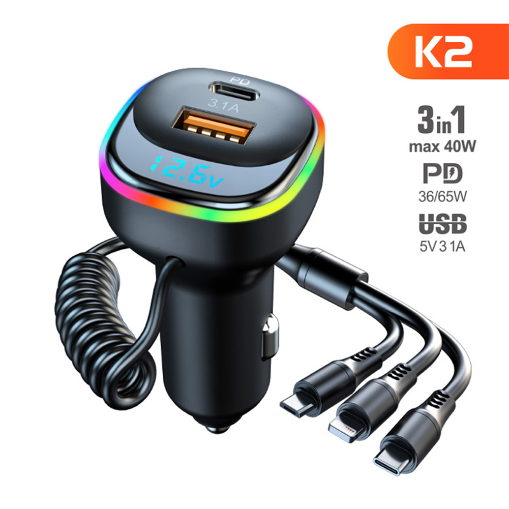 K2 Multi-functional Car Charger Display 12-24v Pd65w Qc3.0 Quick Charge 3-in-1 Spring Fast Charging Cable