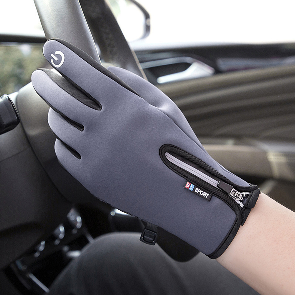 Motorcycle Riding Gloves Zipper Design Non-slip Windproof Fleece Lined Warm Gloves for Men Women Grey M