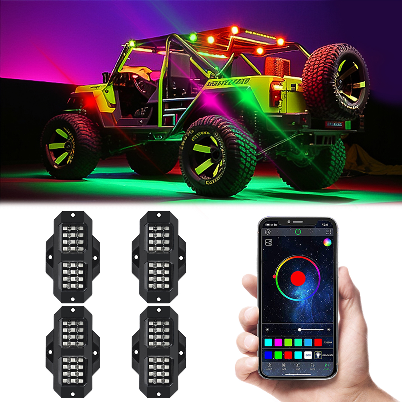RGB LED Rock Lights Kits Multicolor Exterior Waterproof Underglow Neon Light Kits for Atv Utv Suv off Road Auto