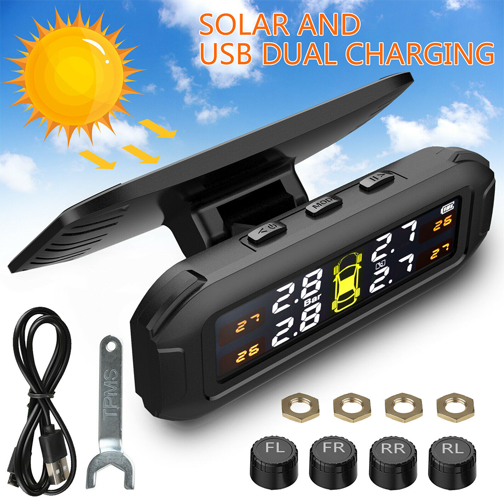 T8 Wireless Solar Car Tire  Pressure  Monitoring  System 4 External Sensors With Pressure Temperature Display High Precision Instrument Tpms