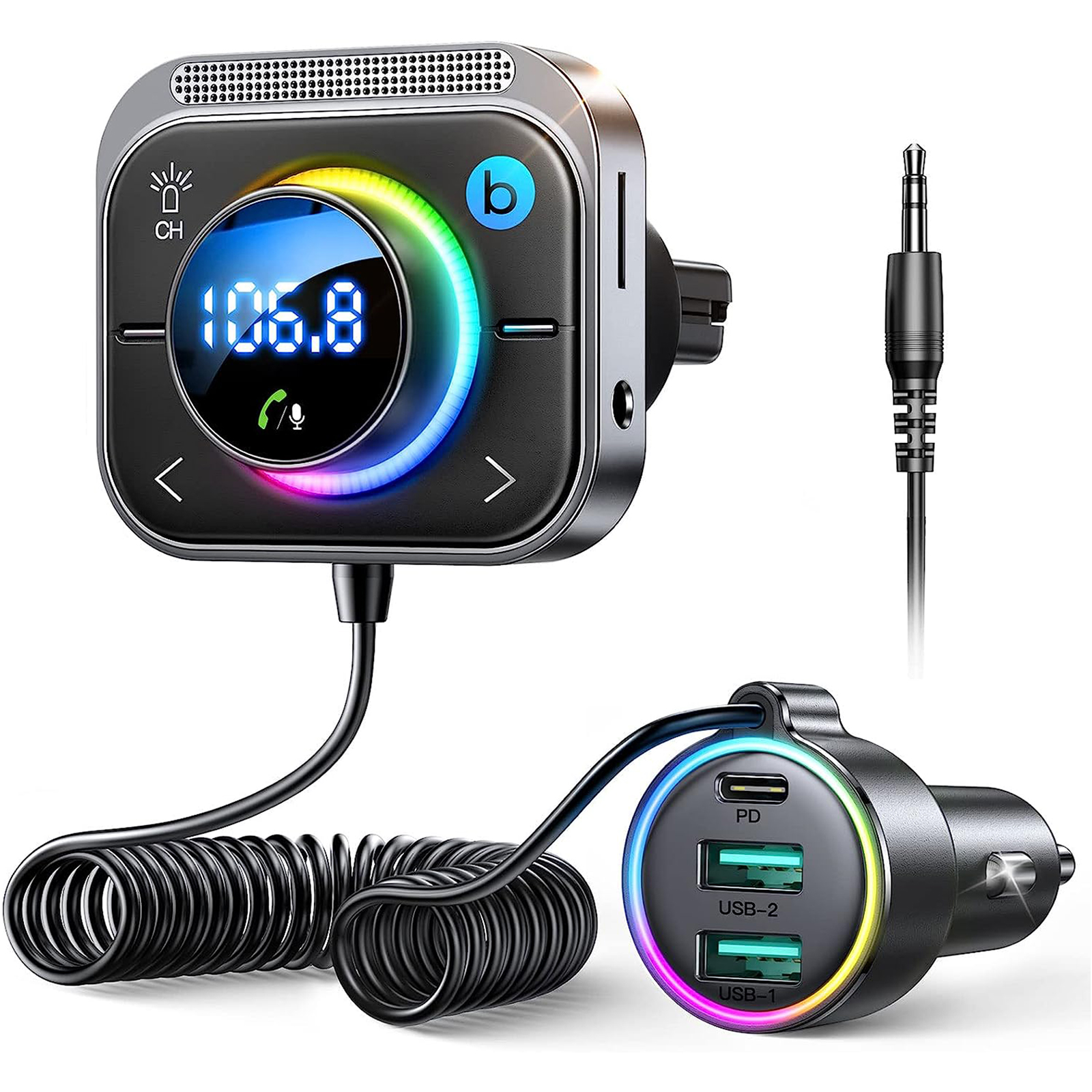 Wireless Fm/Aux Car Adapter Pd Qc3.0 3 Ports Charging Hands-Free Calling Fm Transmitter Radio Receiver