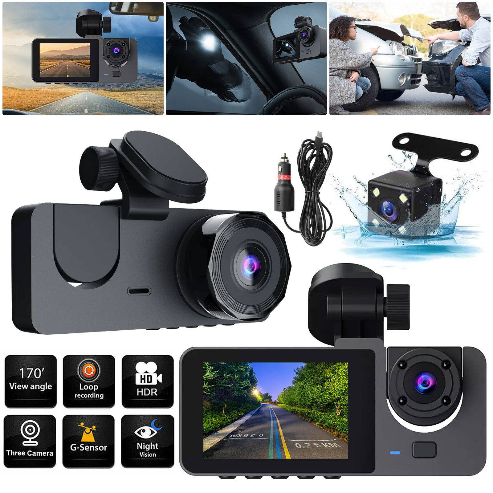 Y15 Car Dvr Dash Cam 3 Cameras Ips Hd 1080p Wide Angle Video Recorder G-sensor Motion Detection Camcorder
