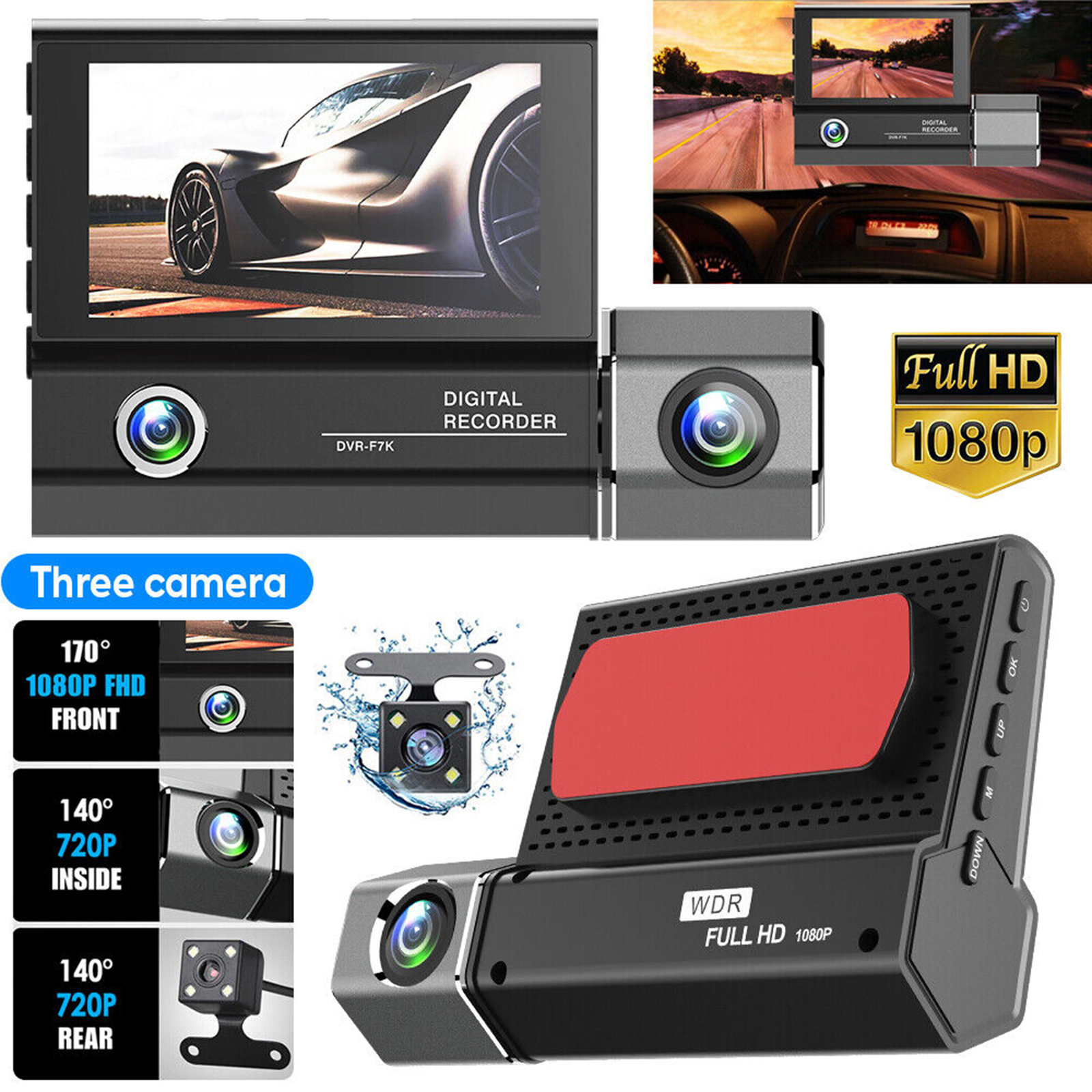 1080P 3 Lens Dash Cam Car Dvr 3.0 Inch HD Ips Screen Wide Angle Rearview Video Recorder Camera G-Sensor
