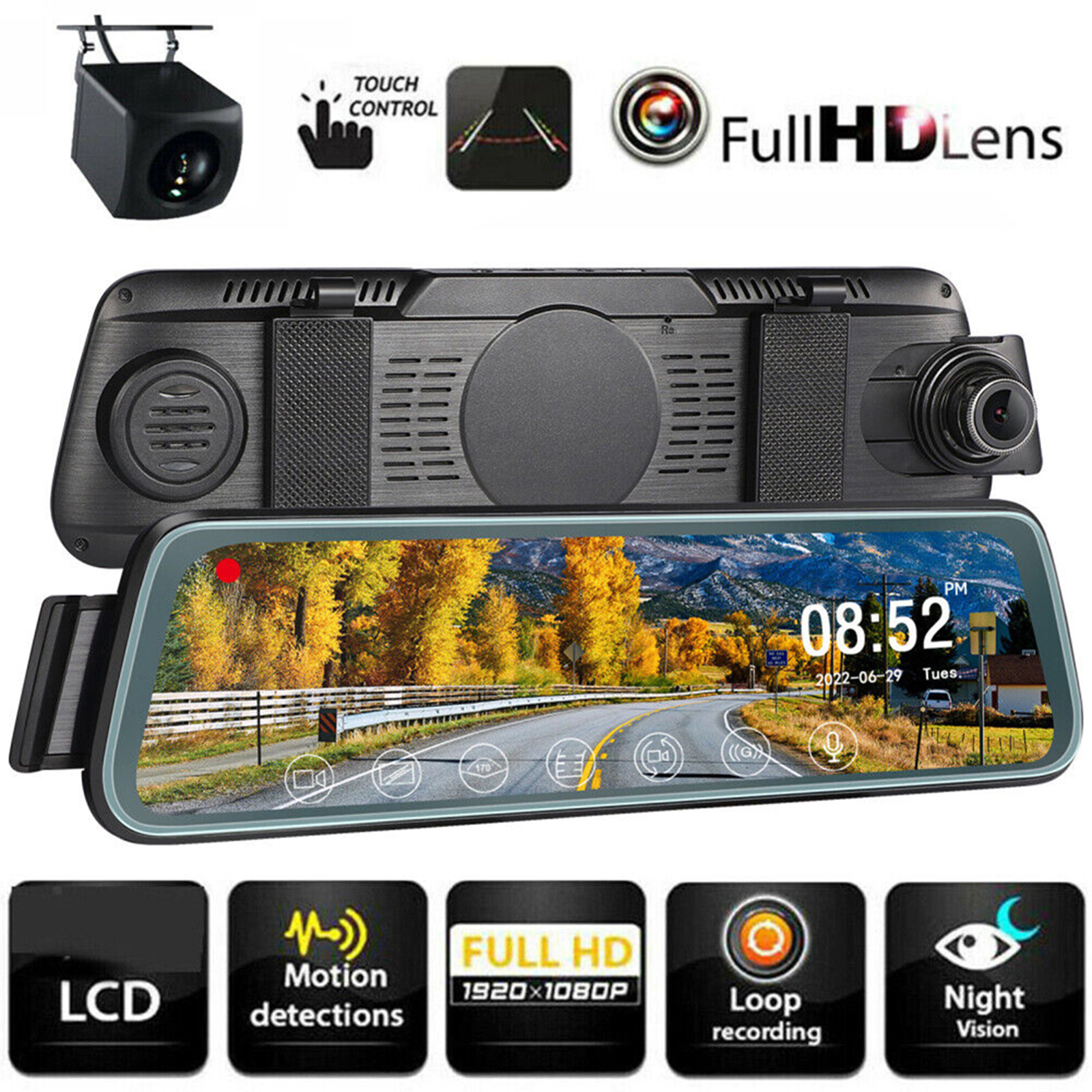 1080P High-Definition Car Dvr Front Rear Dual Dash Cam 10-Inch Touch Screen Video Recorder Loop Recording G-Sensor