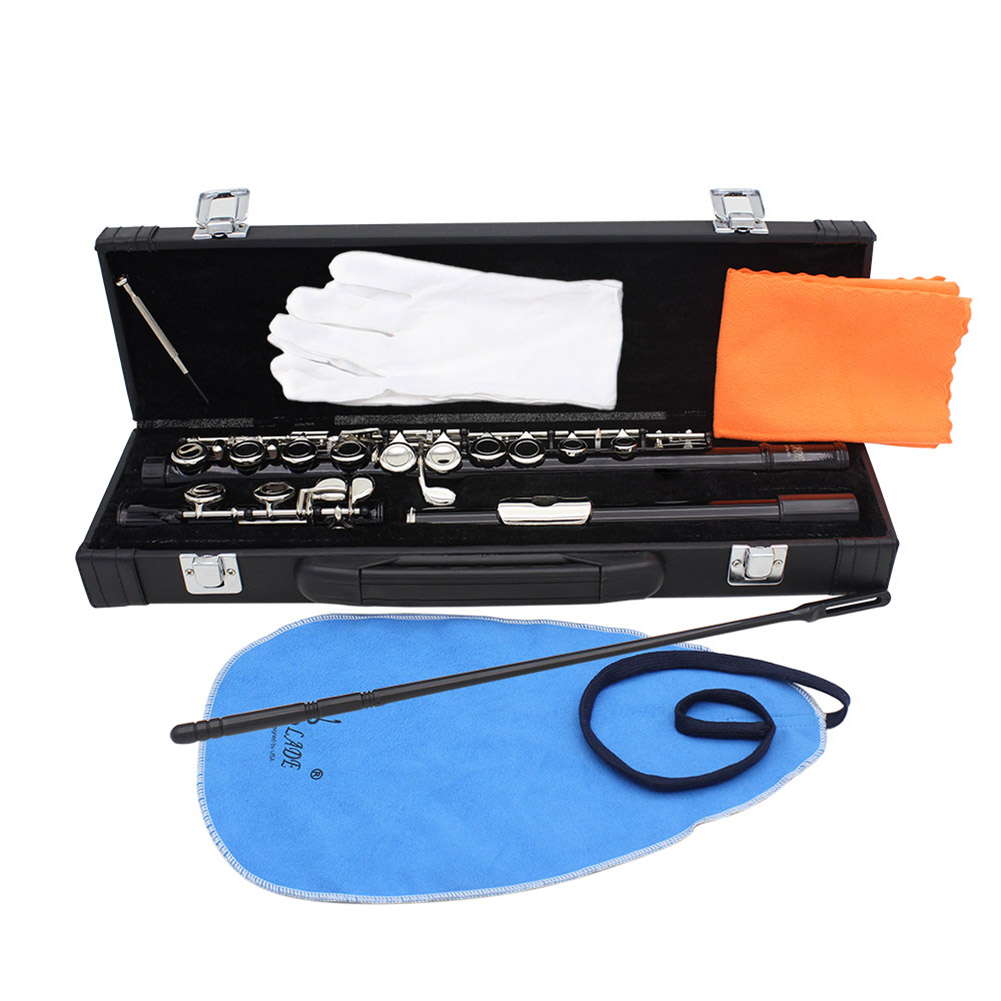 16-Hole Concert Flute Set C Key Woodwind Instrument with Gloves Mini Screwdriver Padded Case