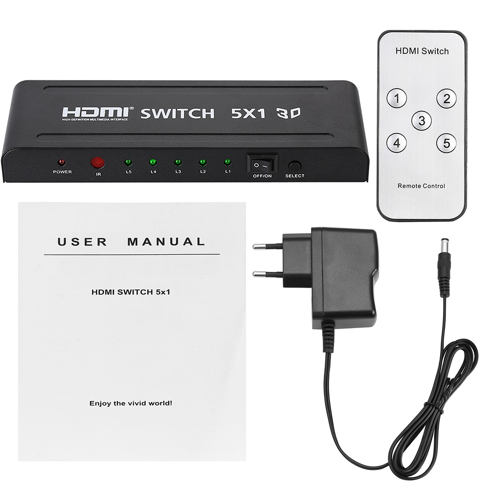 3D 1080p 5-port 5-in-1 HDMI Audio Video Converter Switch with Remote Control for PC DVD Projector