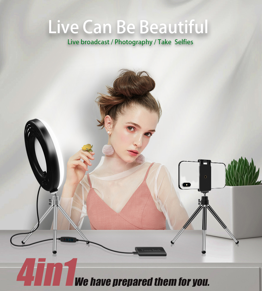 4 in 1 Desktop Cosmetic Live Lamp 9 Inch LED Ring Light Dimmable Lighting for Makeup